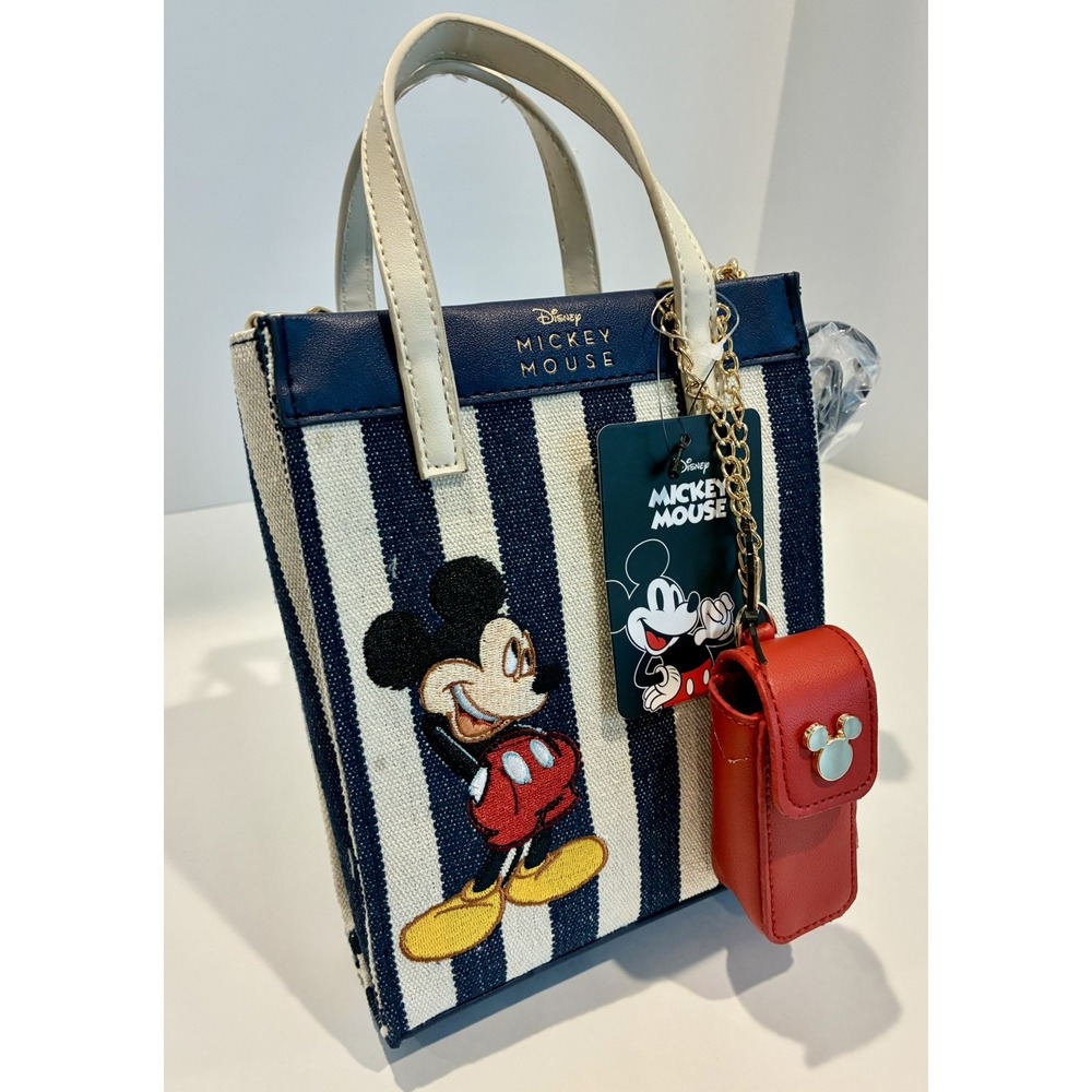 DISNEY~ Mickey Mouse Striped Canvas Tote Bag with Removable Lipstick Case Navy.